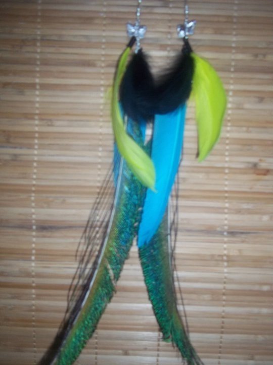 Teal/yellow peacock feather earrings