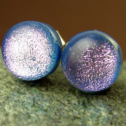 Pink on Steel Blue Dichroic Fused Glass Studs