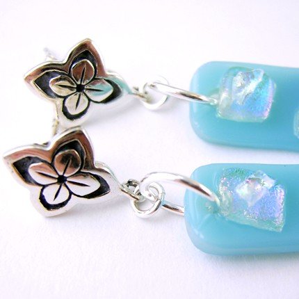 Abstract Blue Fused Glass Thai Silver Dangle Earrings