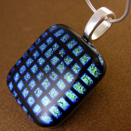 Blue-Green Squares Dichroic Fused Glass Pendant