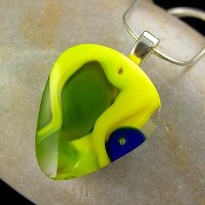 Olive Green, Yellow and Blue Fused Glass Drop Pendant