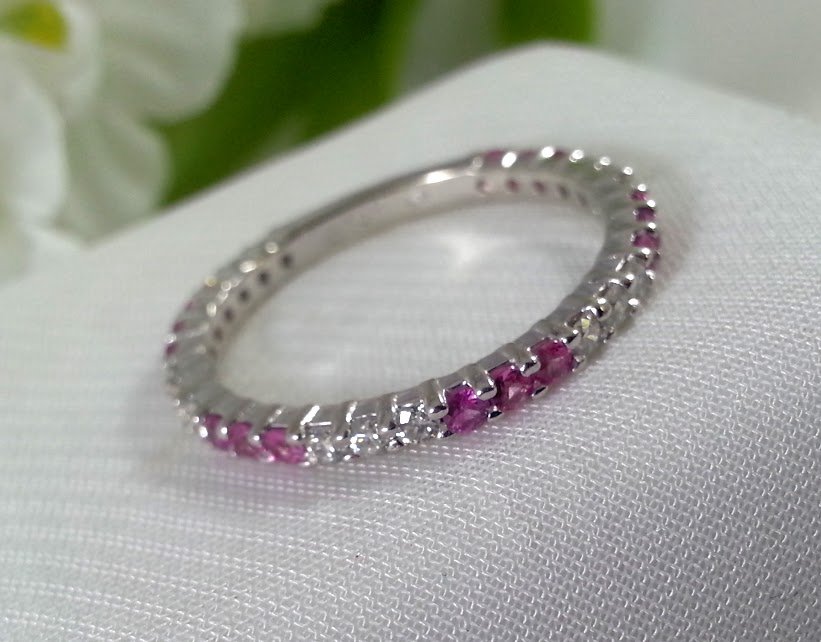 Ladies Anniversary Band Eternity Ring Pink October Birthstone Pink Sapphire and Diamond
