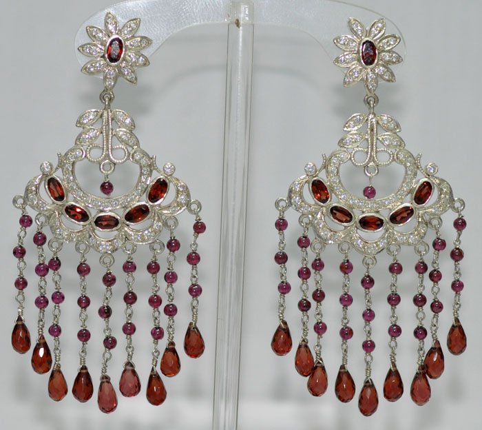 Garnet gemstone studded chandelier earrings .925 silver