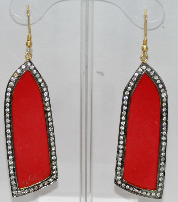 Coral stone studded chandelier earrings in .925 silver