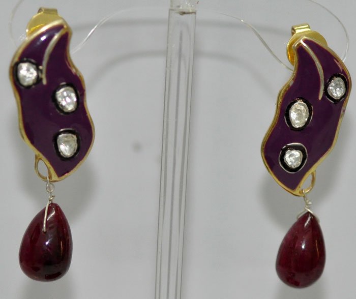 Moissanite studded 3 piece set with ruby gemstone drops