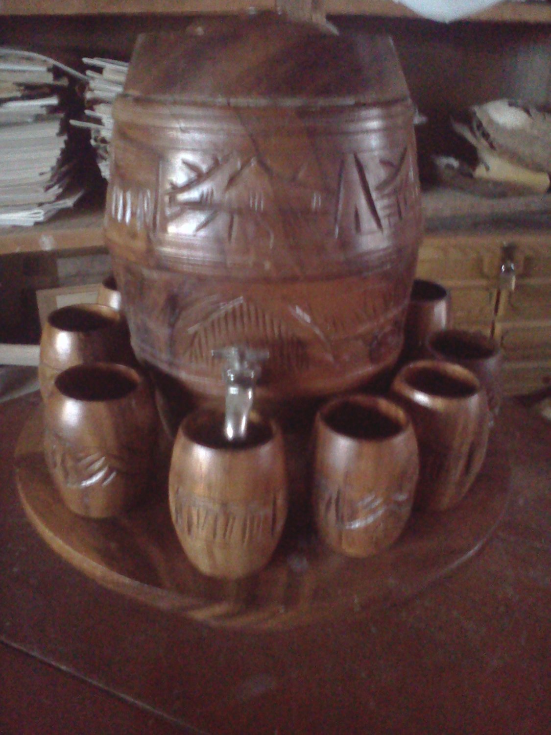 CARVED KEG AND CUP SET FROM HAWAII