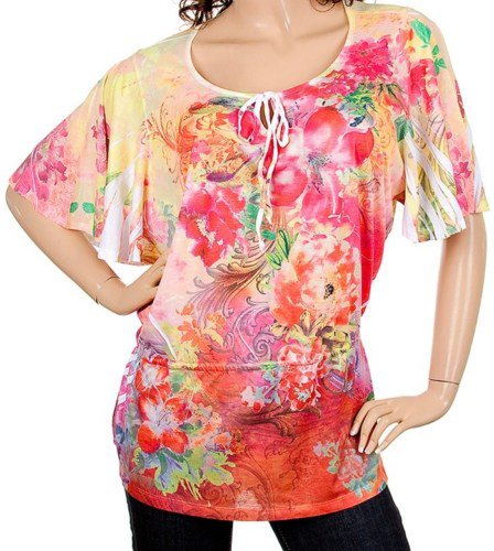Plus Pink Floral Print Blouse with Scooped Neck 1XL - 2XL - 3XL