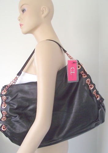 Black Large Handbag with Copper Tone Embroidery
