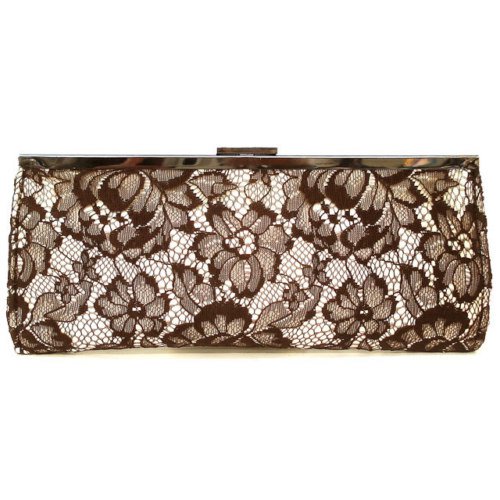 Brown lace embroidered evening clutch w/ floral print