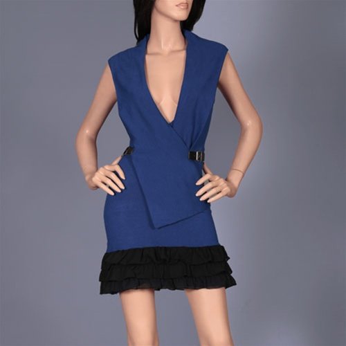 Navy Blue V-Neck Dress with Belt - SMALL, LARGE