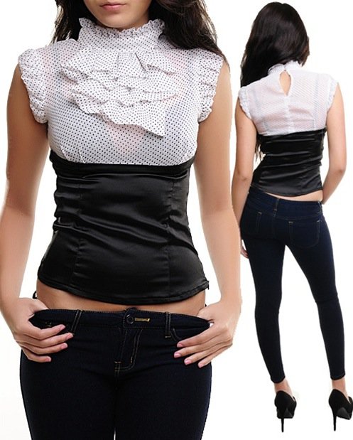 Black and White Chiffon Satin Blouse-SMALL, MEDIUM