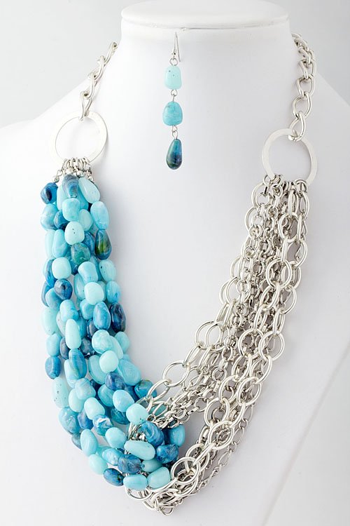 Turqouise Stone & chain link necklace and earring set