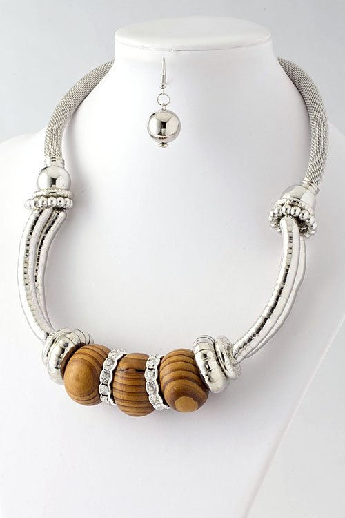 Wooden bead chunky metal necklace and earring set