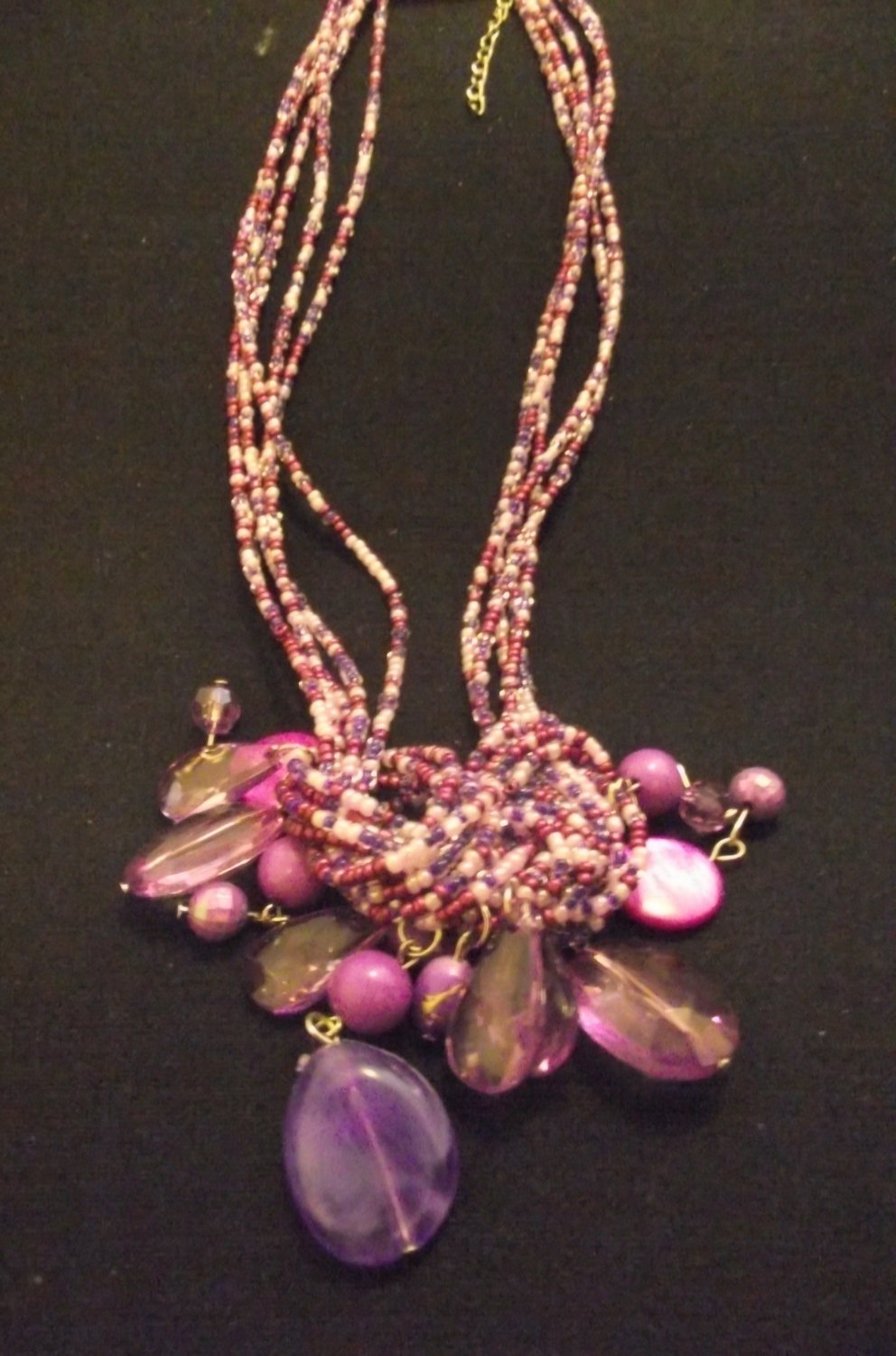 Purple and Pink Clustered Beaded Necklace with Earrings