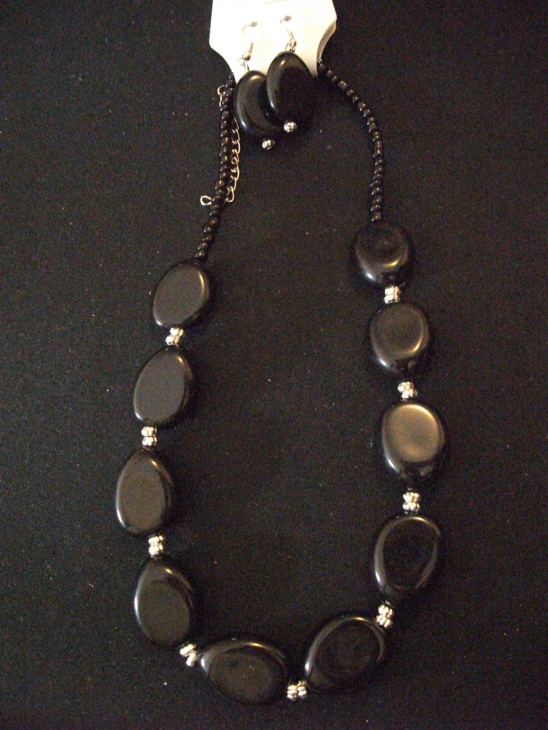 Black and Silver Beaded Necklace with Earrings
