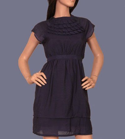 Blue Dress with Pleated Neck and Waist Tie - XSMALL