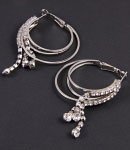 Silver Tone Metal Hoop Earrings With Crystal Rhinestone