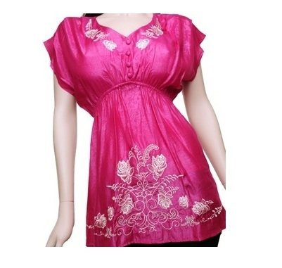 Fuchsia V-Neck Blouse with White Embroidery 3XL