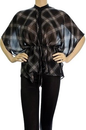 Plus Black Sheer Blouse with Plaid Print 2XL, 3XL