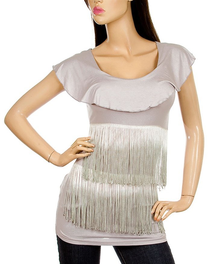 Grey Short Sleeve Tasseled Blouse - SIZE S/M - M/L