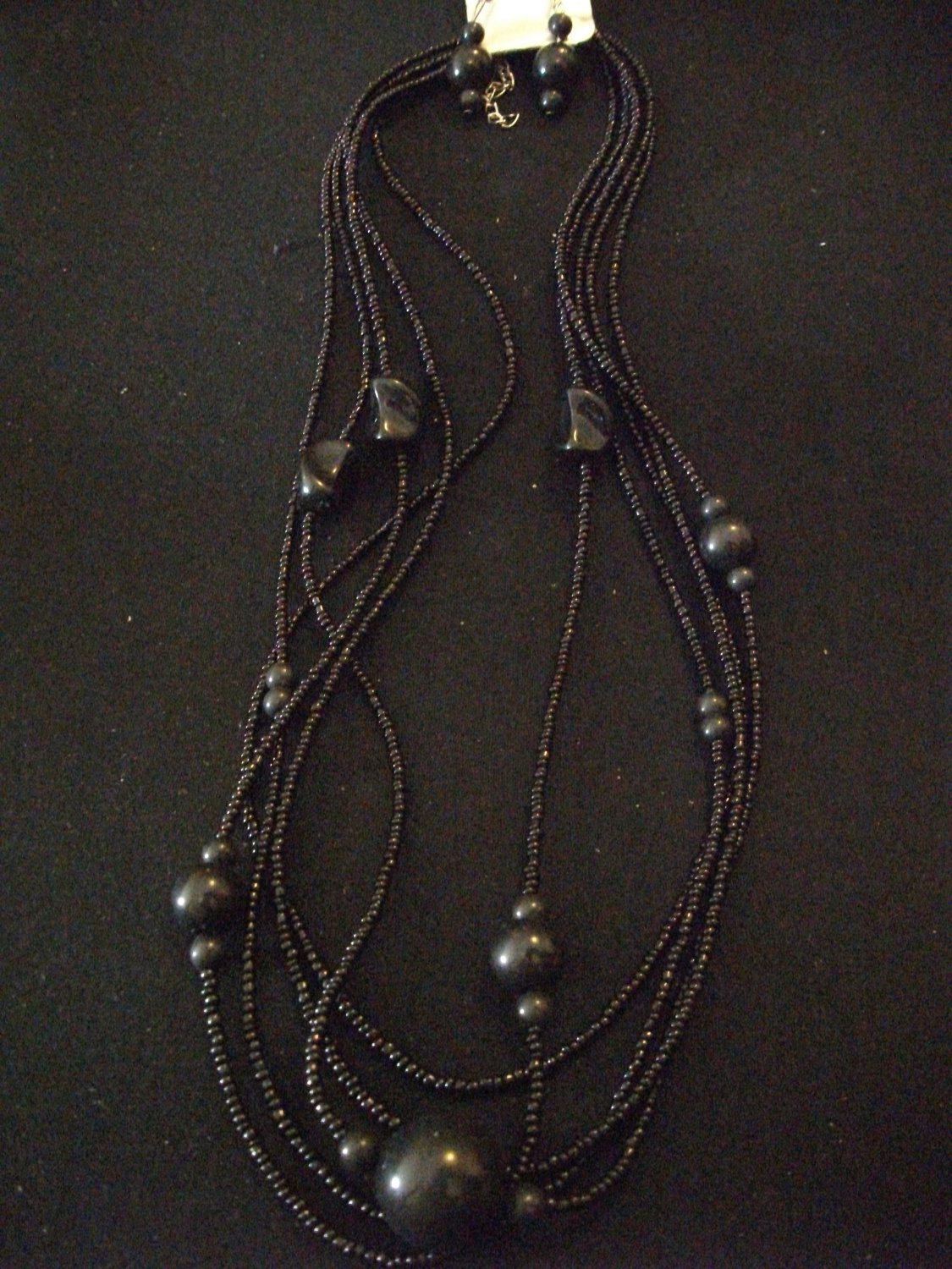 Black Multi Stringed Necklace and Earring Set