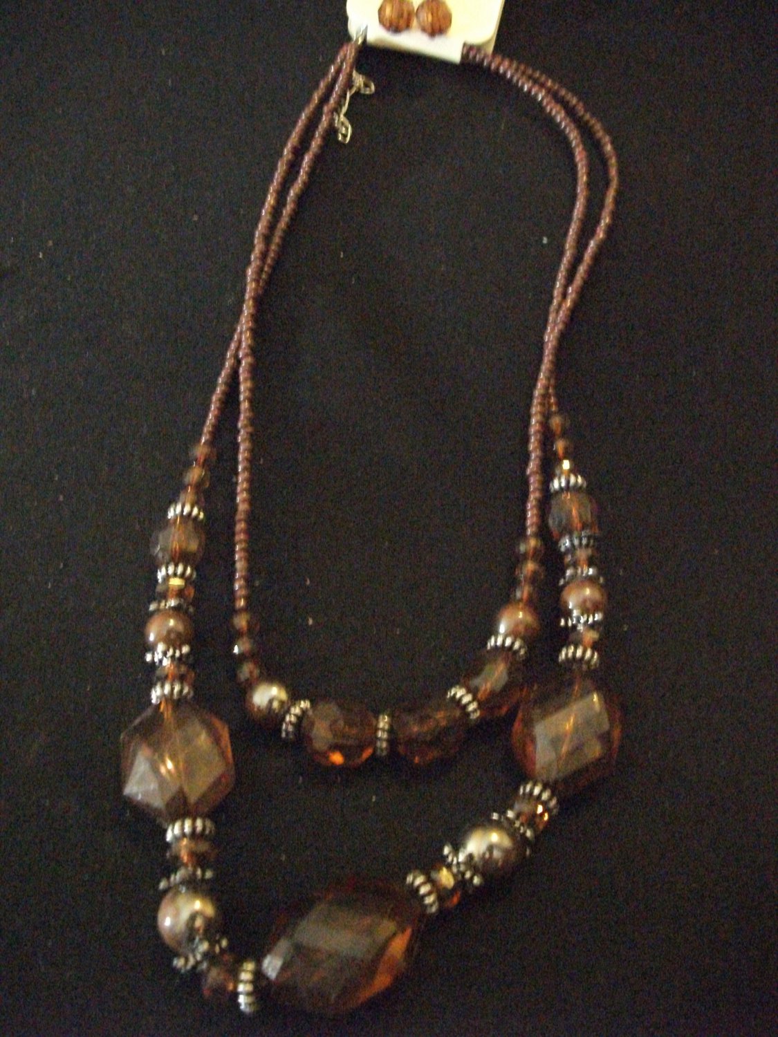 Brown Multi Stringed Bead Necklace and Earring Set