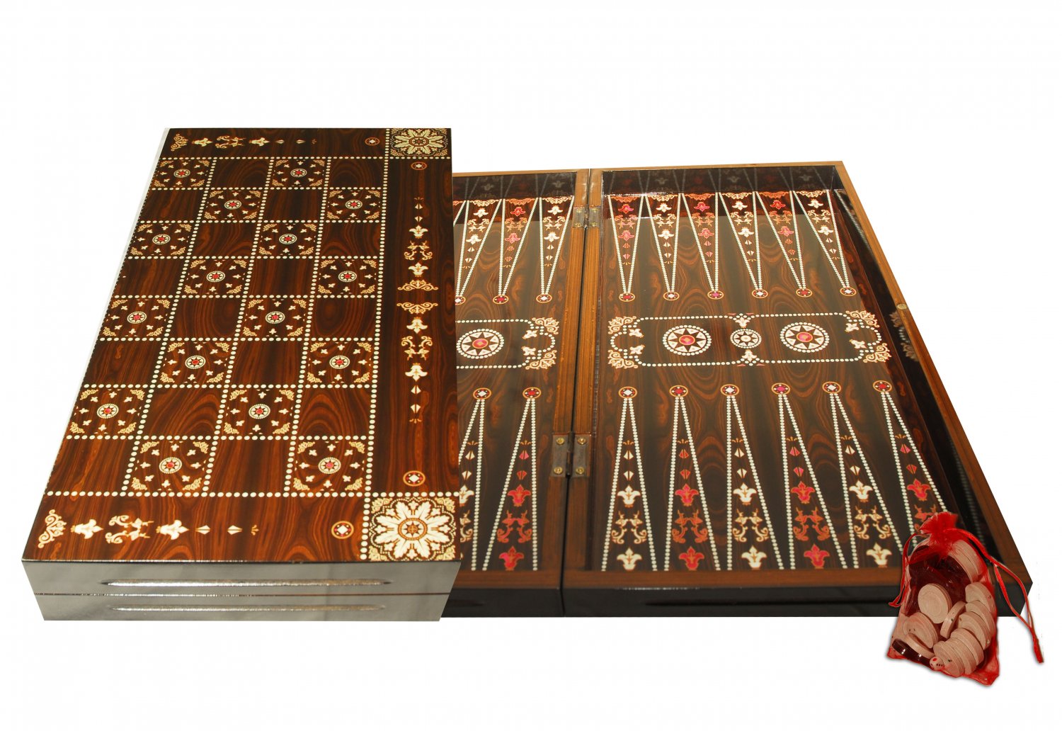 Oriental Mother of Pearl Backgammon/Chess Handmade Walnut Wood Set Large NEW