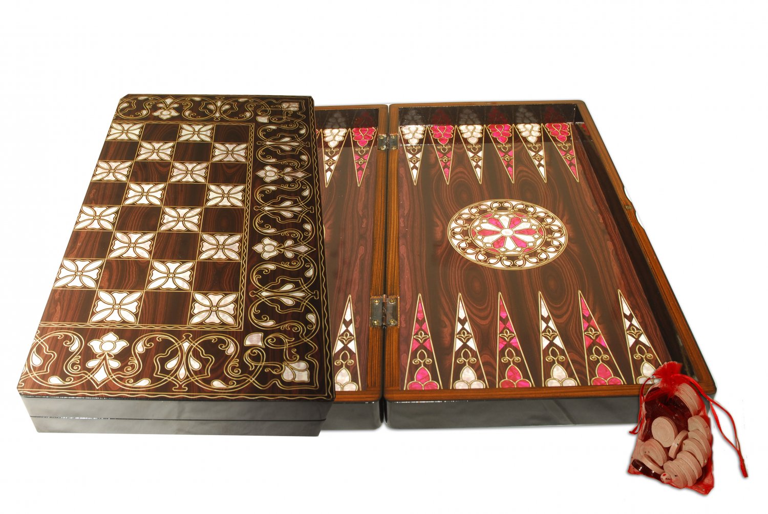 Oriental Seashell Backgammon/Chess Handmade Walnut Wood Set Large NEW FREE SHIPPING