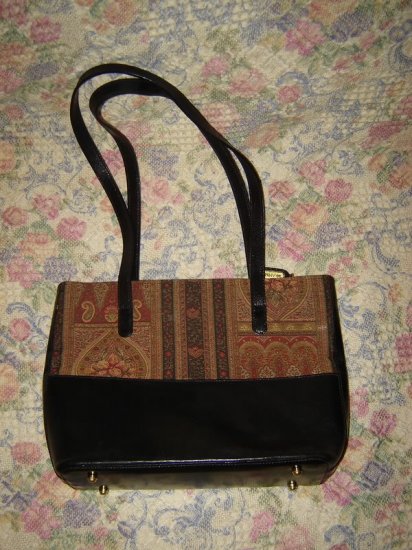 Brahmin Black Leather Tapestry Fabric Bag Purse