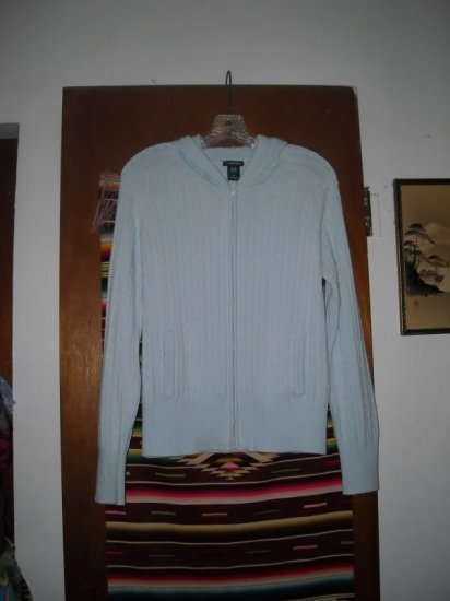Womens Cable Knit Blue Cotton Sweater Jacket Hooded M