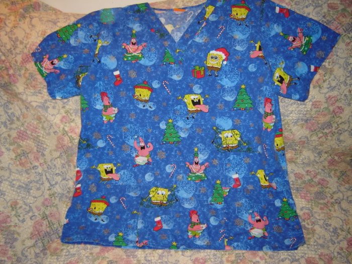 Spongebob Squarepants Christmas Scrub Top Shirt M L
