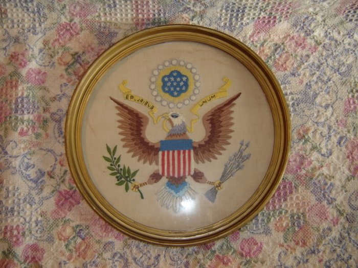 Vintage The Great Seal Crewel Work Framed Wall Hanging