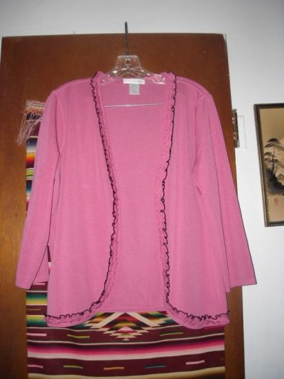 Womens Pink Black Ruffled Trim Cardigan Sweater L
