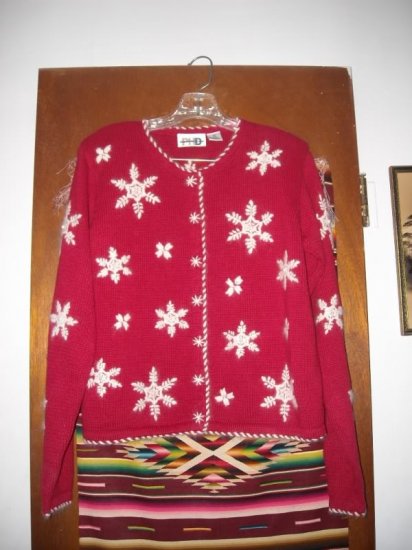 Womens Red Snowflake Christmas Cardigan Sweater S Small