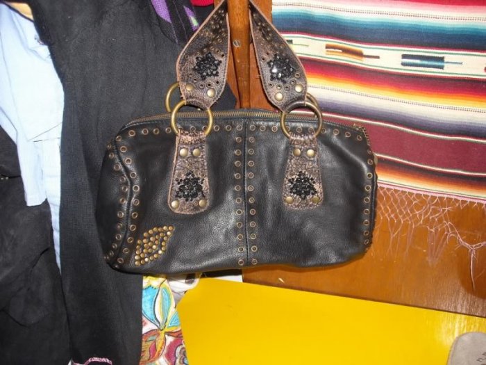 Betsey Johnson Leather Grommet Beaded Barrel Bag