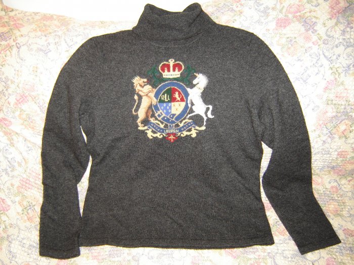 Womens Ralph Lauren Large Crest Coat of Arms Gray Turtleneck Sweater M