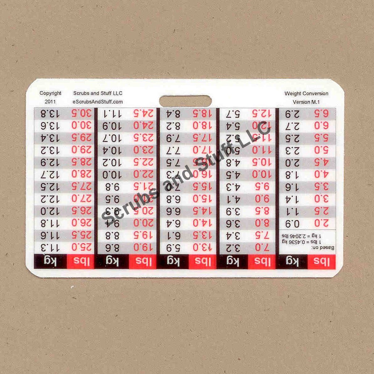Weight Conversion Badge Card Horizontal Upside-down Version Pediatric Range