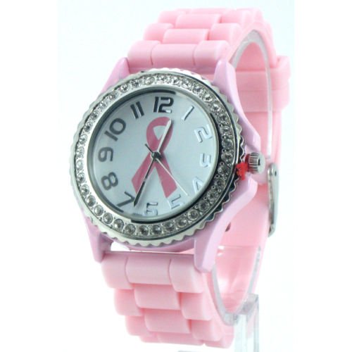 Pink Ribbon Breast Cancer Awareness Oversized Silicone Jelly Watch w/ Crystals