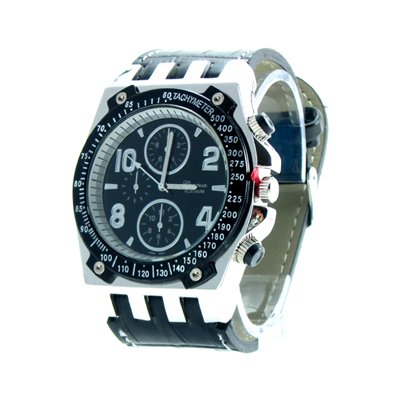 Geneva Platinum Men's White Stitch Black Leather Watch