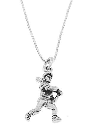 STERLING SILVER BATTING BASEBALL PLAYER CHARM WITH 16 INCH BOX CHAIN NECKLACE