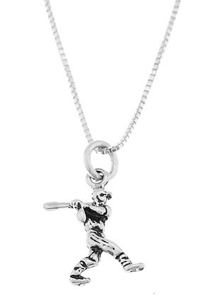 STERLING SILVER BASEBALL PLAYER BATTING CHARM WITH 16 inch BOX CHAIN NECKLACE