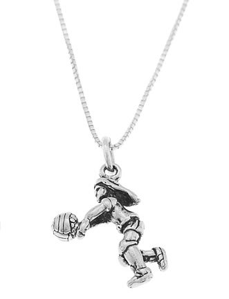 STERLING SILVER VOLLEYBALL PLAYER SERVING CHARM WITH 16 inch BOX CHAIN NECKLACE
