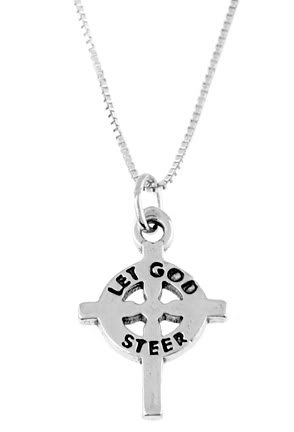 STERLING SILVER LET GOD STEER CROSS & 16" BOX CHAIN
