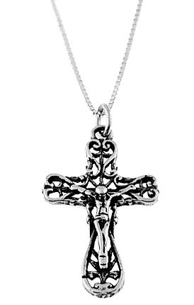 STERLING SILVER ORNATE JESUS CRUCIFIX WITH 16" SILVER BOX CHAIN
