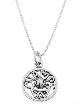 STERLING SILVER CUT OUT DISC BASKETBALL CHAMPS CHARM WITH 16 inch BOX CHAIN NECKLACE