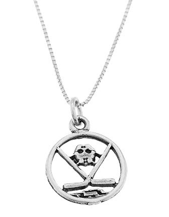 STERLING SILVER DISC CUT OUT HOCKEY MASK AND STICK CHARM WITH 16 inch BOX CHAIN NECKLACE