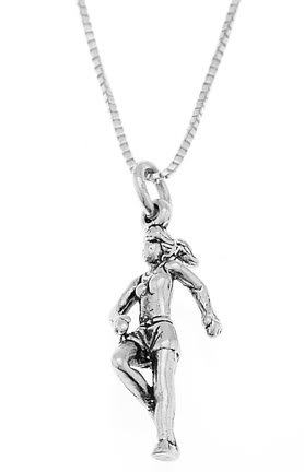STERLING SILVER FEMALE JOGGER / FEMALE RUNNER CHARM WITH 18 INCH BOX CHAIN NECKLACE