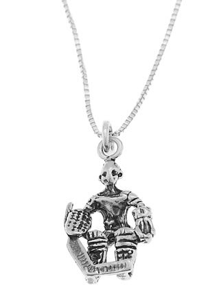 STERLING SILVER GOALIE HOCKEY PLAYER CHARM WITH 18 INCH BOX CHAIN NECKLACE