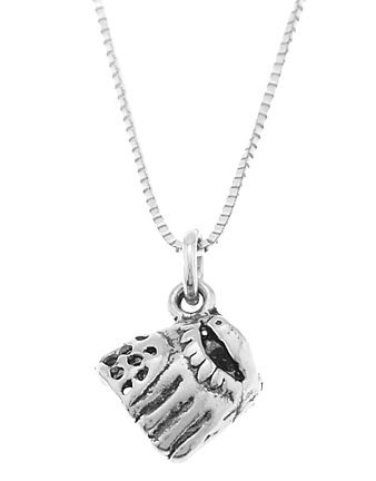 STERLING SILVER BASEBALL GLOVE / SOFTBALL GLOVE CHARM WITH 16 INCH BOX CHAIN NECKLACE