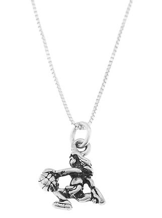 STERLING SILVER FEMALE / GIRL BASKETBALL PLAYER CHARM WITH 16 INCH BOX CHAIN NECKLACE